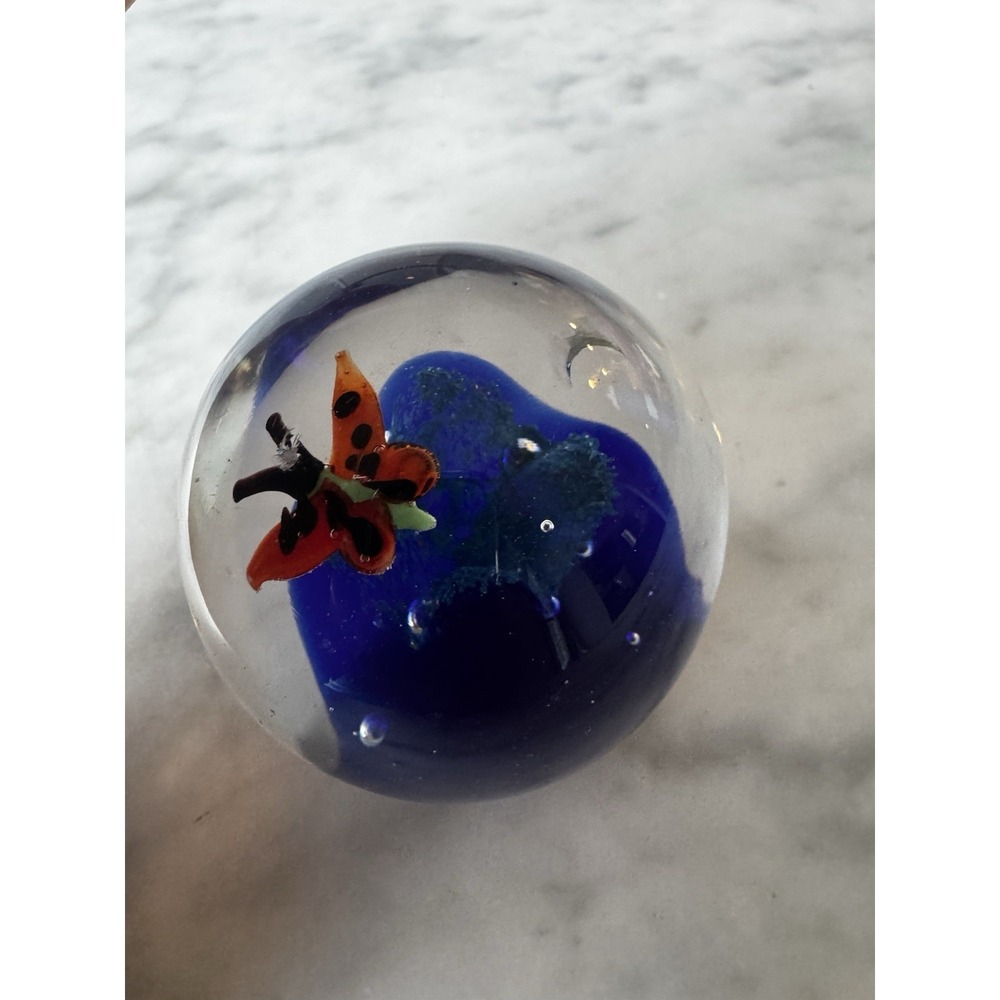 Art Glass Murano Style Bubble Paperweight With Butterfly